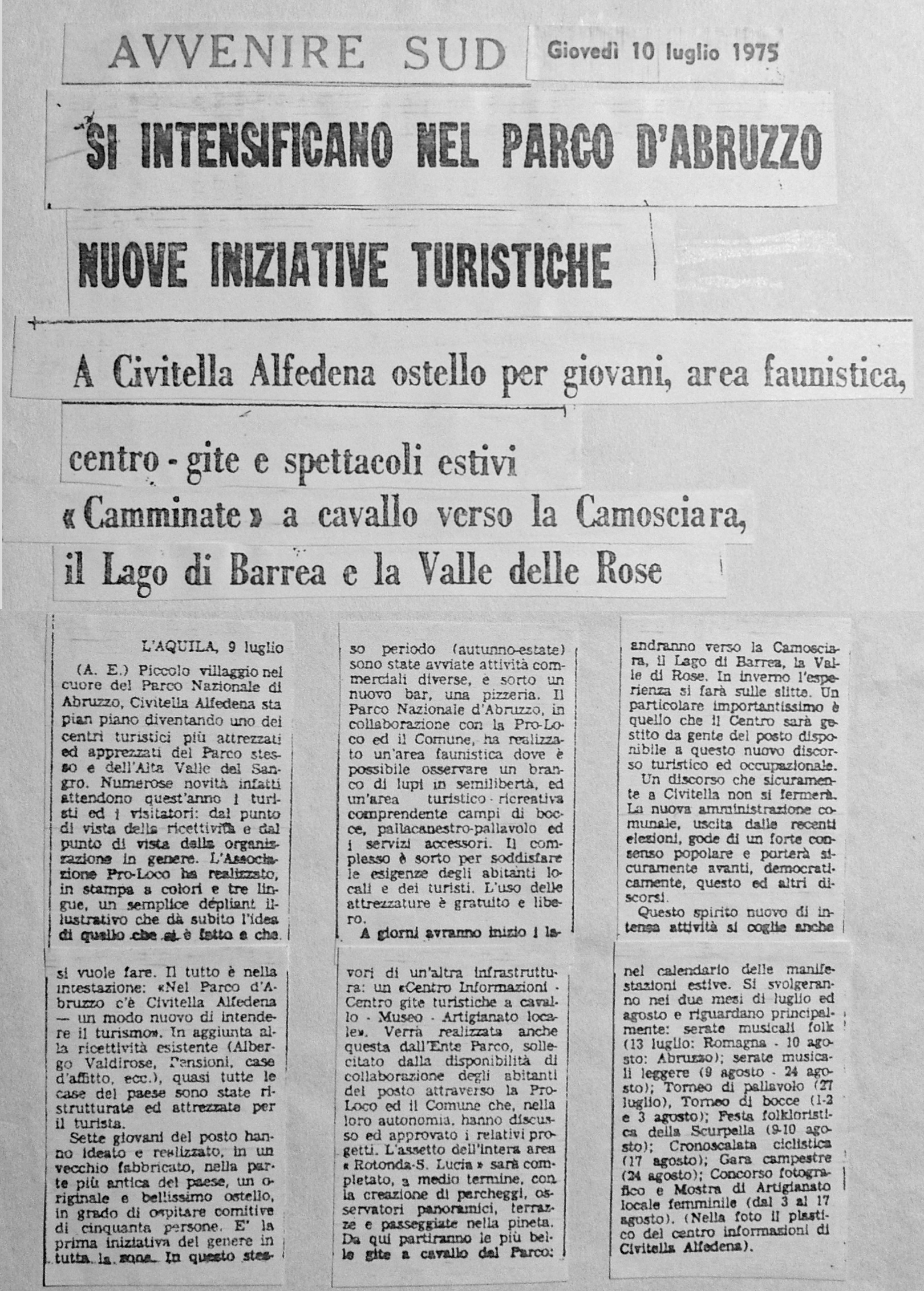 1975.07.10. Avvenire del Sud. Iniziative turistiche al Pna